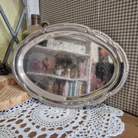 Vintage Silver-toned Serving Tray with FREE Silver Bread Basket - Picture 1 of 16